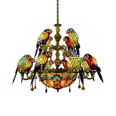 12 Arms Parrot Suspension Light Rustic Stained Glass Chandelier Light with  Center Bowl in Yellow - Clearhalo