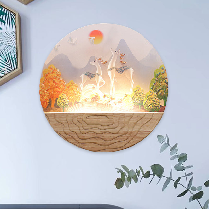 Wood Rounded Elk and Mountain Mural Lamp Minimalist Style LED