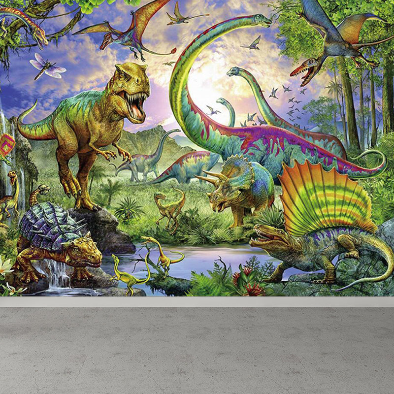 Green Dinosaur Wallpaper Mural Wild Beast Contemporary Waterproofing Wall  Covering - Clearhalo