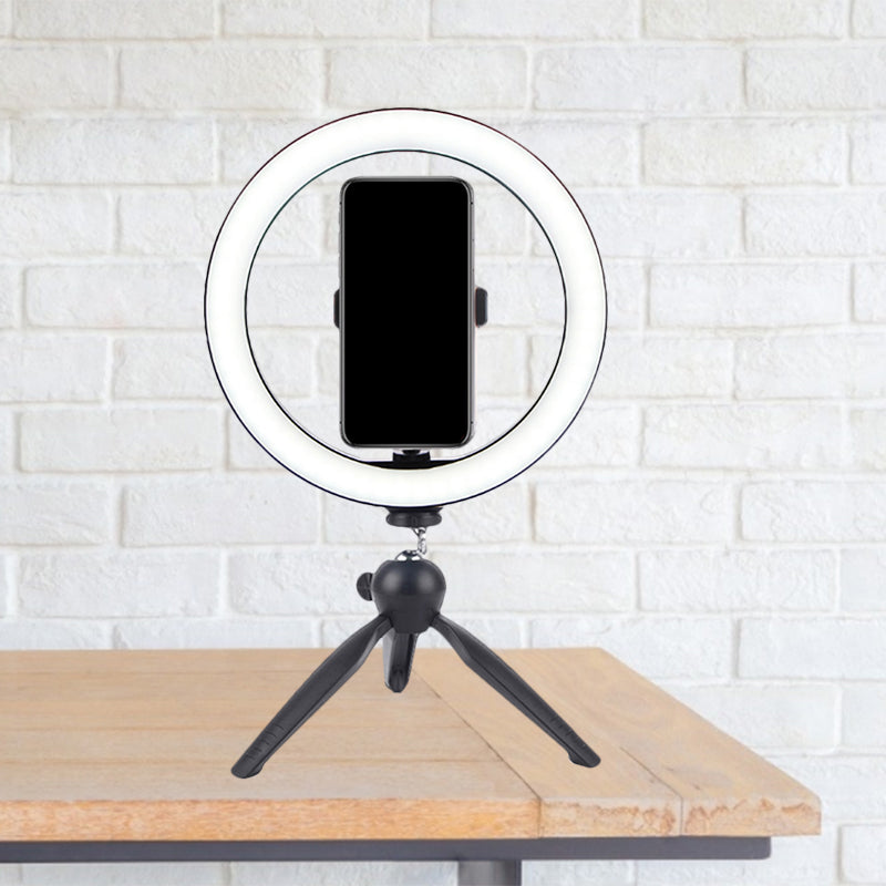 Circle Make-Up Lighting Modern Metal Mobile Phone Holder LED Fill Lamp in  Black with Tripod Design - Clearhalo