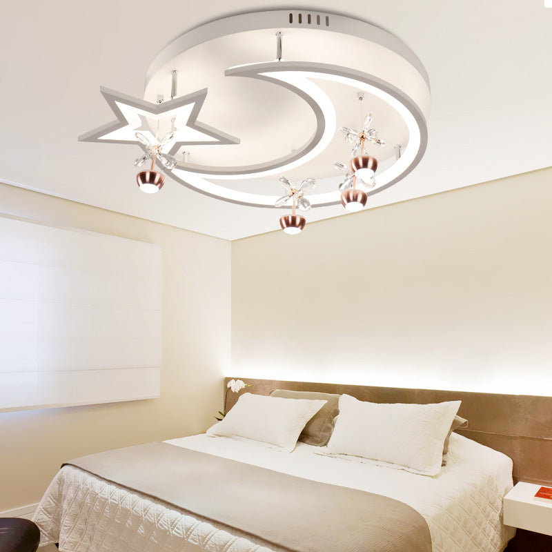 Acrylic Moon Star Semi Flushmount Light with Flower Crystal Modern LED  Ceiling Lamp in White for Bedroom - Clearhalo