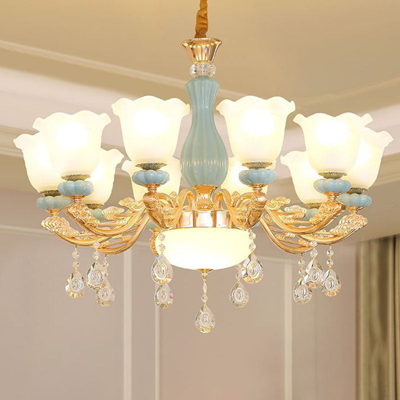 Frost Glass Floral Shaped Ceiling Lighting Korean Garden Living Room  Chandelier Light Fixture with Droplet Decor - Clearhalo