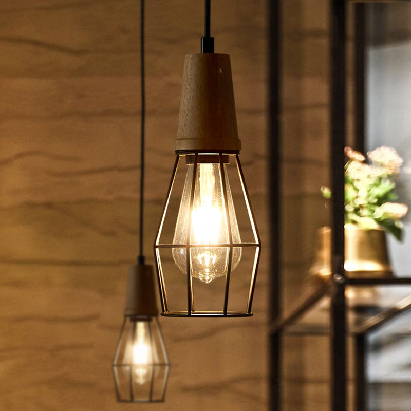 1-Light Ceiling Light Industrial Geometric Cage Style Iron Pendant Lamp  with Wooden Top in Black/Chrome/Rose Gold for Bedroom - Clearhalo