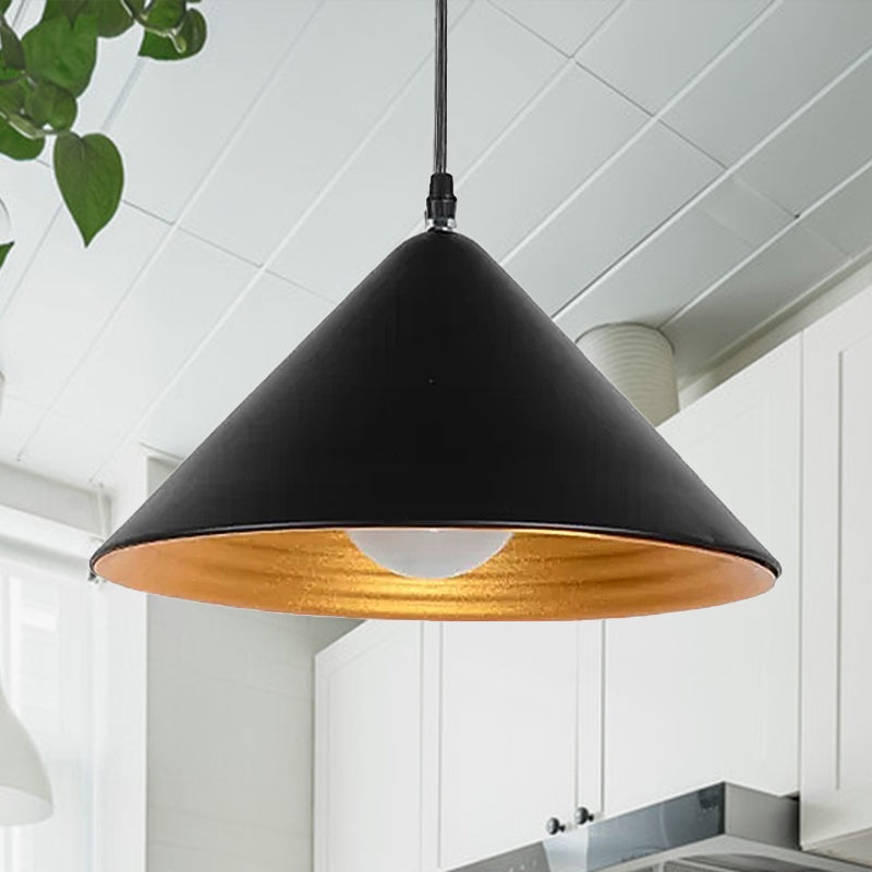 Wide Contemporary Metal Ceiling Lamp Cone Shade with Gold Ripple Inside  Black Dining Room Hanging Pendant Light