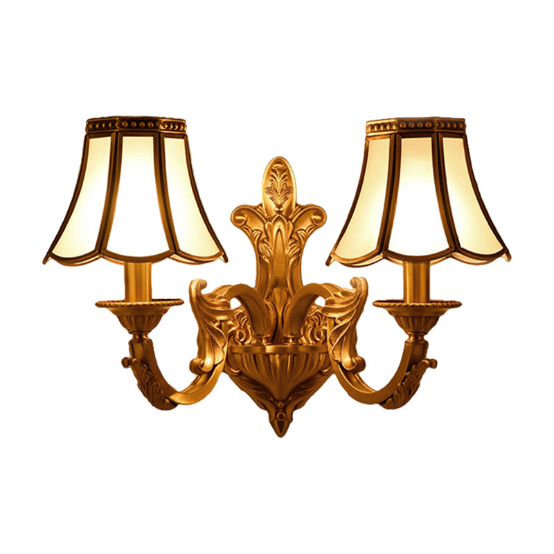 Flared Frosted Glass Wall Sconce Traditional 12 Lights White Wall Mounted Lamp With Curly Gold 4188