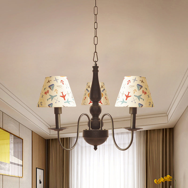 Kids Swoop Arm Iron Chandelier 3/5 Lights Suspended Lighting Fixture in  Black with Conic Printed Fabric Shade - Clearhalo