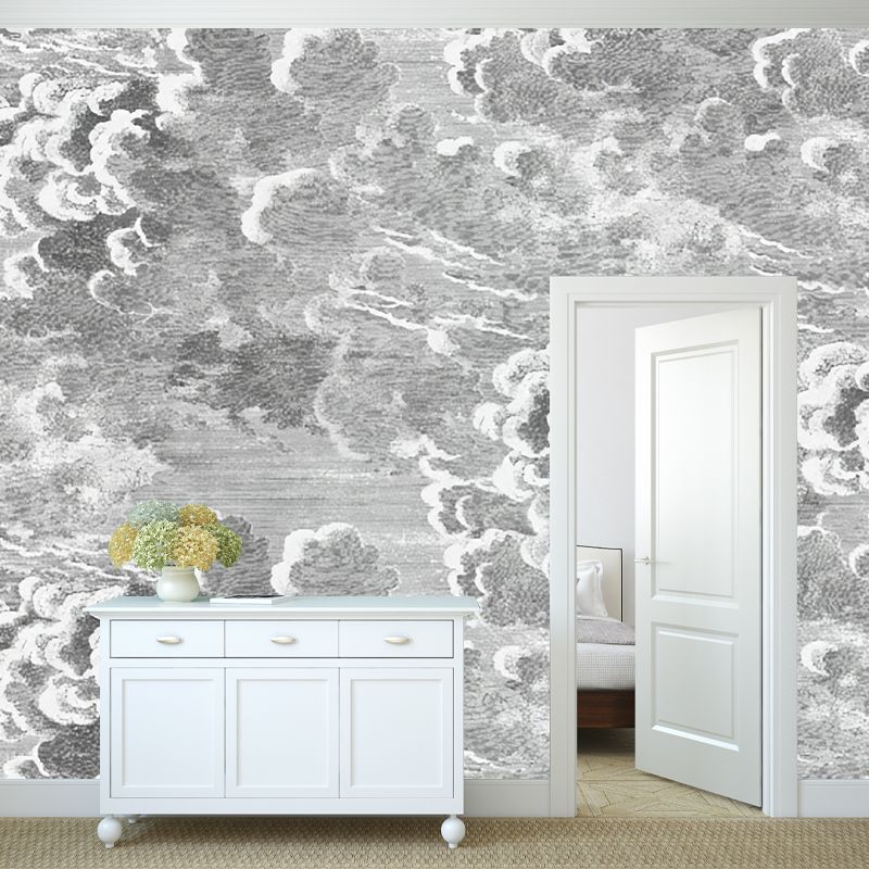 Minimalist Cloud Wall Mural in Grey Living Room Wall Covering, Personalized Size Available