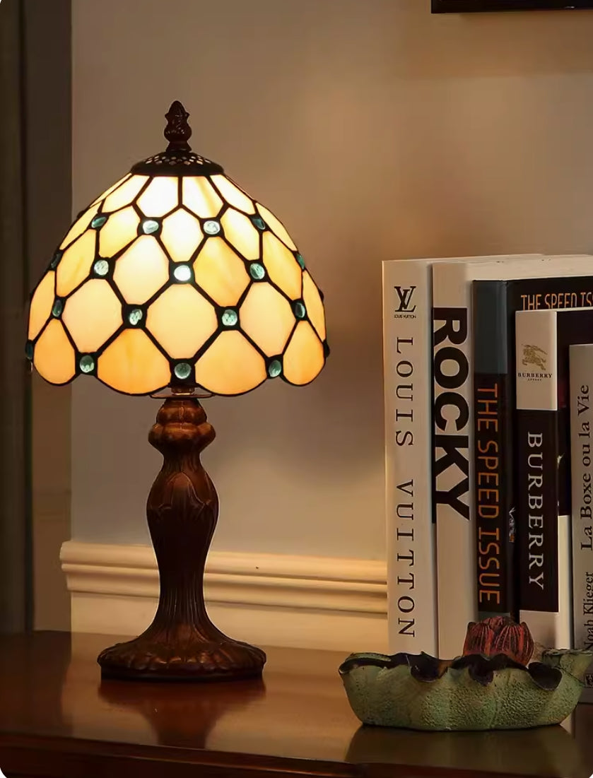 Single-Bulb Nightstand Light Tiffany Style Beaded Tan Glass Table Lamp in Dark Brown for Bedroom