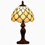 Single-Bulb Nightstand Light Tiffany Style Beaded Tan Glass Table Lamp in Dark Brown for Bedroom