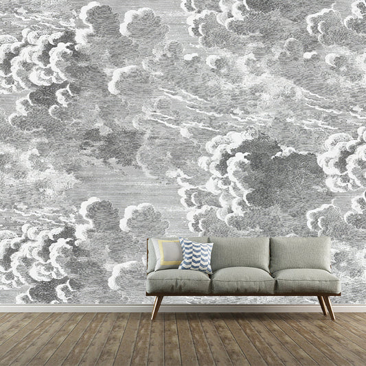 Minimalist Cloud Wall Mural in Grey Living Room Wall Covering, Personalized Size Available