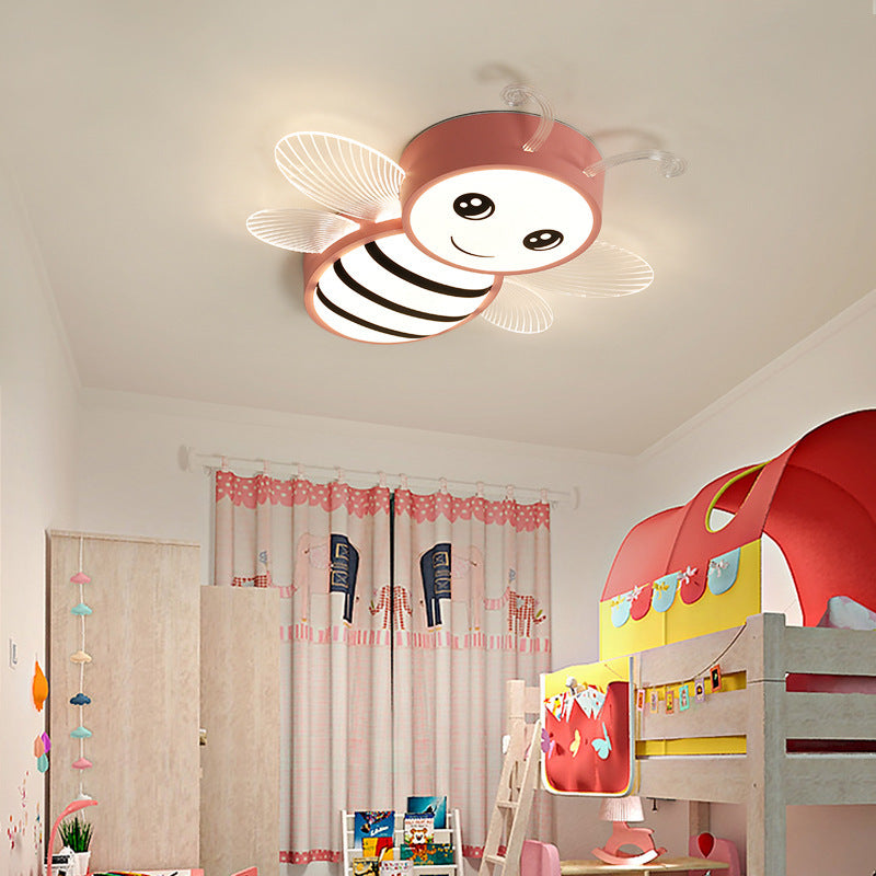 White/Pink/Blue Honeybee Flush Mount Cartoon Iron LED Ceiling Light Fixture for Kids Bedroom