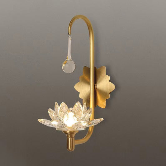 1 Bulb Bedroom Wall Sconce Fixture Modernist Style Brass Finish Wall Lamp with Lotus Clear Crystal Shade