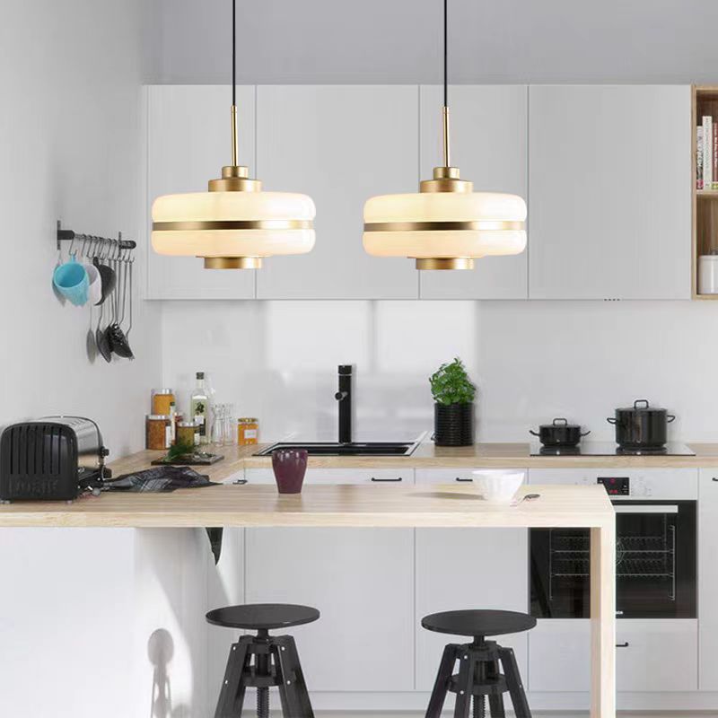 Drum Pendant Light Fixture Postmodern White Glass 1 Light Bedroom Hanging Ceiling Light