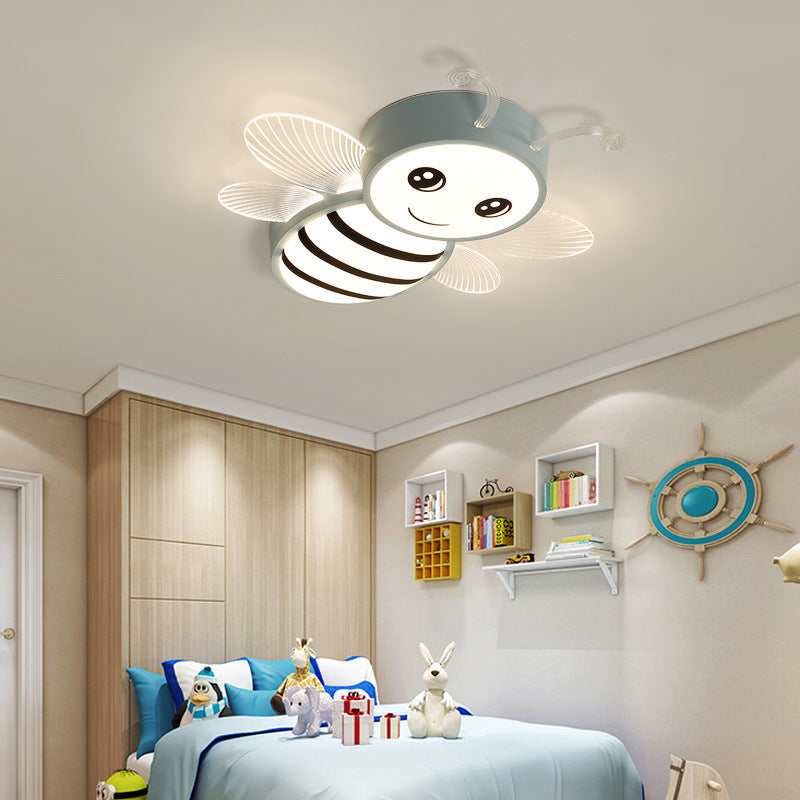 White/Pink/Blue Honeybee Flush Mount Cartoon Iron LED Ceiling Light Fixture for Kids Bedroom