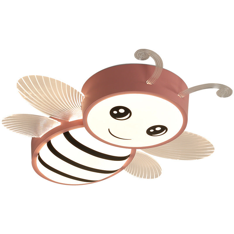 White/Pink/Blue Honeybee Flush Mount Cartoon Iron LED Ceiling Light Fixture for Kids Bedroom