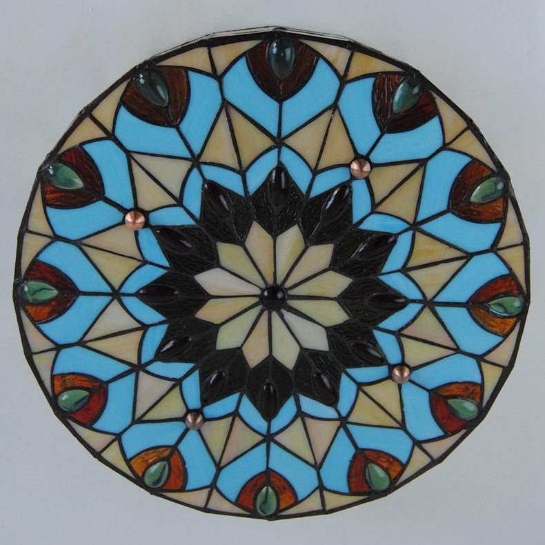 Stained Glass Ceiling Light Fixture Tiffany Style 3-Light Drum Flush Mount Light Fixture with Peacock and Jewel