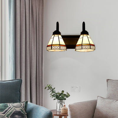 Cone Sconce Light Fixture Tiffany Beige Glass 2 Heads Black Wall Mounted Lighting Beige Clearhalo 'Industrial' 'Middle century wall lights' 'Tiffany wall lights' 'Tiffany' 'Wall Lamps & Sconces' 'Wall Lights' Lighting' 100150