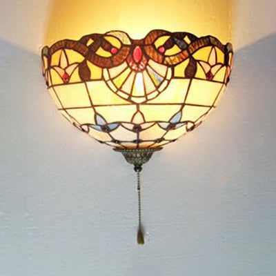 Victorian Bowl Wall Sconce Lighting Stained Glass 1 Bulb Wall Lighting with Pull Chain Tan Clearhalo 'Industrial' 'Middle century wall lights' 'Tiffany wall lights' 'Tiffany' 'Wall Lamps & Sconces' 'Wall Lights' Lighting' 100170