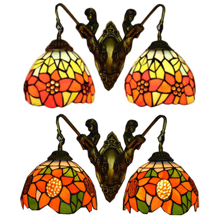 Flower Wall Light Fixture Tiffany Orange-Green/Orange-Yellow Glass 2 Heads Antique Brass Sconce Light Clearhalo 'Industrial' 'Middle century wall lights' 'Tiffany wall lights' 'Tiffany' 'Wall Lamps & Sconces' 'Wall Lights' Lighting' 100173