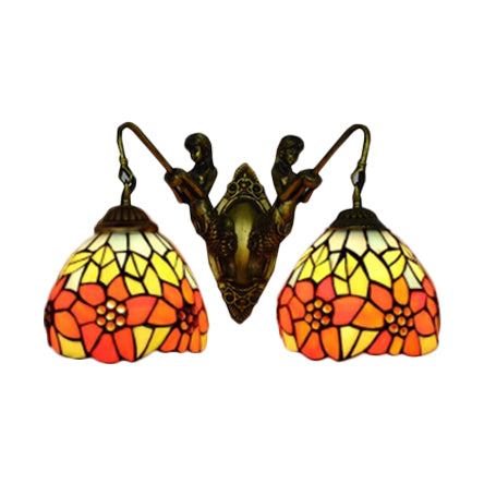 Flower Wall Light Fixture Tiffany Orange-Green/Orange-Yellow Glass 2 Heads Antique Brass Sconce Light Clearhalo 'Industrial' 'Middle century wall lights' 'Tiffany wall lights' 'Tiffany' 'Wall Lamps & Sconces' 'Wall Lights' Lighting' 100174