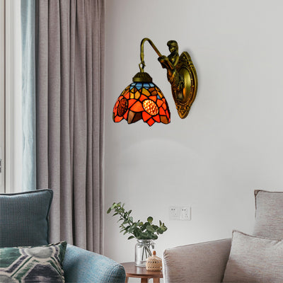 1 Head Living Room Sconce Light Tiffany Antique Brass Wall Mounted Light with Sunflower Orange Glass Shade Antique Brass Clearhalo 'Industrial' 'Middle century wall lights' 'Tiffany wall lights' 'Tiffany' 'Wall Lamps & Sconces' 'Wall Lights' Lighting' 100182