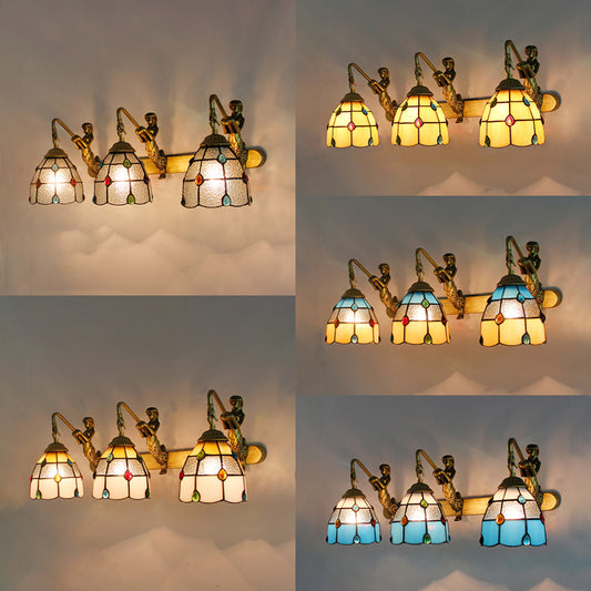 Jeweled Wall Light Fixture 3 Heads Yellow-White/Clear/Yellow-Blue Glass Tiffany Sconce Lighting with Mermaid Backplate Clearhalo 'Industrial' 'Middle century wall lights' 'Tiffany wall lights' 'Tiffany' 'Wall Lamps & Sconces' 'Wall Lights' Lighting' 100224