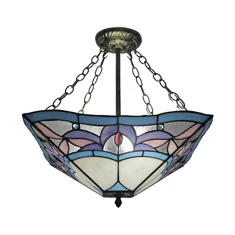 Bedroom Ceiling Lights Tiffany, 3-Lights Pyramid Semi Flush Light with Chain and Stained Glass Shade, 18" High x 18" in Diameter Clearhalo 'Ceiling Lights' 'Close To Ceiling Lights' 'Close to ceiling' 'Glass shade' 'Glass' 'Semi-flushmount' 'Tiffany close to ceiling' 'Tiffany' Lighting' 10025