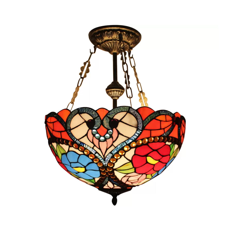 Stained Glass Ceiling Light, Victorian Domed Semi Flush Mount Lighting with Rod and Flower Pattern Antique Brass Clearhalo 'Ceiling Lights' 'Close To Ceiling Lights' 'Close to ceiling' 'Glass shade' 'Glass' 'Semi-flushmount' 'Tiffany close to ceiling' 'Tiffany' Lighting' 10026