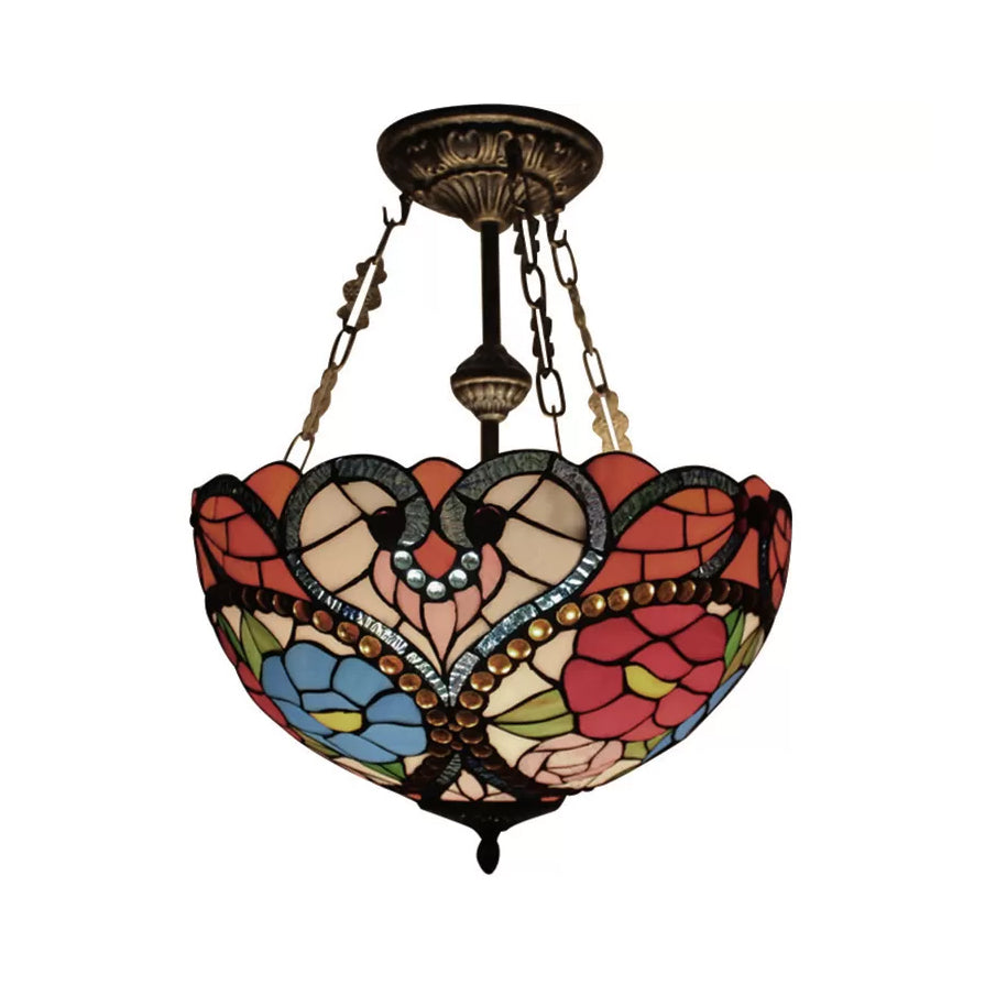 Stained Glass Ceiling Light, Victorian Domed Semi Flush Mount Lighting with Rod and Flower Pattern Clearhalo 'Ceiling Lights' 'Close To Ceiling Lights' 'Close to ceiling' 'Glass shade' 'Glass' 'Semi-flushmount' 'Tiffany close to ceiling' 'Tiffany' Lighting' 10027