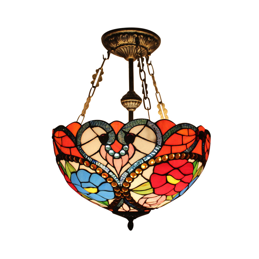 Stained Glass Ceiling Light, Victorian Domed Semi Flush Mount Lighting with Rod and Flower Pattern Red 16" Clearhalo 'Ceiling Lights' 'Close To Ceiling Lights' 'Close to ceiling' 'Glass shade' 'Glass' 'Semi-flushmount' 'Tiffany close to ceiling' 'Tiffany' Lighting' 10029