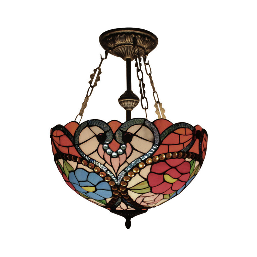 Stained Glass Ceiling Light, Victorian Domed Semi Flush Mount Lighting with Rod and Flower Pattern Clearhalo 'Ceiling Lights' 'Close To Ceiling Lights' 'Close to ceiling' 'Glass shade' 'Glass' 'Semi-flushmount' 'Tiffany close to ceiling' 'Tiffany' Lighting' 10030