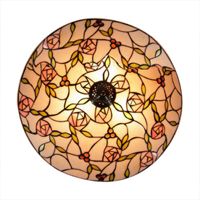 Art Glass Bowl Flushmount wtih Pink Rose and Leaf Lodge Style 2 Lights Decorative Flush Light for Bedroom Pink-Green Clearhalo 'Ceiling Lights' 'Close To Ceiling Lights' 'Close to ceiling' 'Flush mount' Lighting' 100381