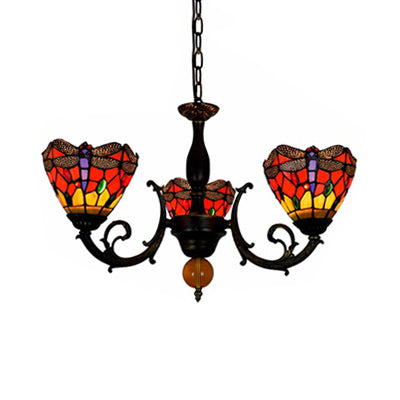 Red Conic Hanging Light Industrial Vintage Stained Glass 3 Lights Inverted Chandelier with Dragonfly Pattern Clearhalo 'Ceiling Lights' 'Chandeliers' 'Industrial' 'Middle Century Chandeliers' 'Tiffany Chandeliers' 'Tiffany close to ceiling' 'Tiffany' Lighting' 100473