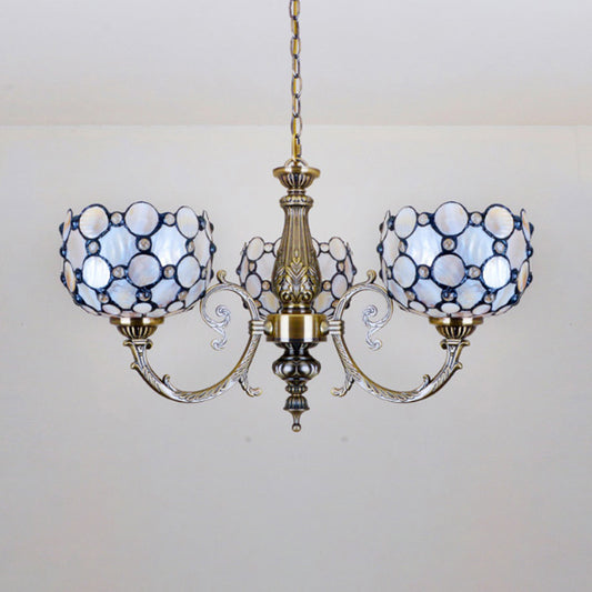 Tiffany Style Bowl Suspension Stained Glass 3 Lights Inverted Chandelier in White for Living Room Clearhalo 'Ceiling Lights' 'Chandeliers' 'Close To Ceiling Lights' 'Industrial' 'Middle Century Chandeliers' 'Tiffany Chandeliers' 'Tiffany close to ceiling' 'Tiffany' Lighting' 100600
