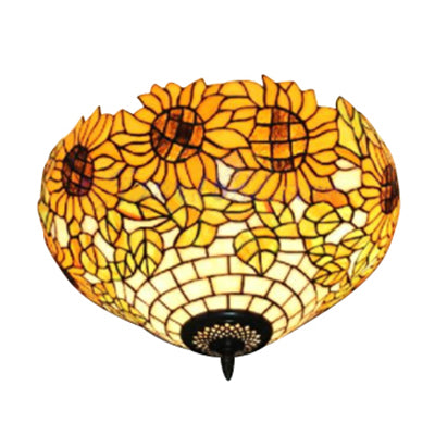 Sunflower Pattern Ceiling Light Fixture Tiffany Stained Glass 2 Lights Flushmount Light for Dining Room Yellow-Green Clearhalo 'Ceiling Lights' 'Close To Ceiling Lights' 'Close to ceiling' 'Flush mount' Lighting' 100730