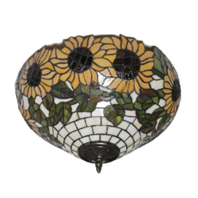 Sunflower Pattern Ceiling Light Fixture Tiffany Stained Glass 2 Lights Flushmount Light for Dining Room Clearhalo 'Ceiling Lights' 'Close To Ceiling Lights' 'Close to ceiling' 'Flush mount' Lighting' 100731