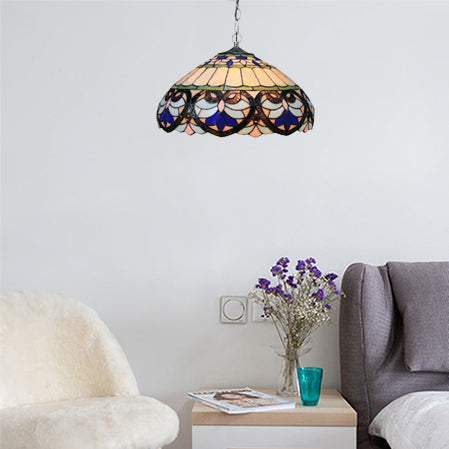 Purplish Blue Bowl Shade Pendant Light Tiffany Stained Glass 2 Lights Ceiling Fixture with Flower Pattern Purplish Blue Clearhalo 'Ceiling Lights' 'Industrial' 'Middle Century Pendants' 'Pendant Lights' 'Pendants' 'Tiffany close to ceiling' 'Tiffany Pendants' 'Tiffany' Lighting' 100906