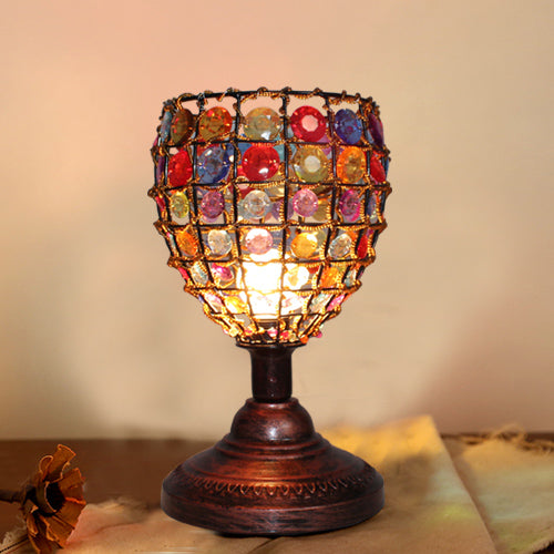 Colorful Cup Shade Table Lamp Retro Style Stained Glass 1 Light Jewel Accent Table Lamp for Bedside Weathered Copper Clearhalo 'Lamps' 'Table Lamps' Lighting' 100936