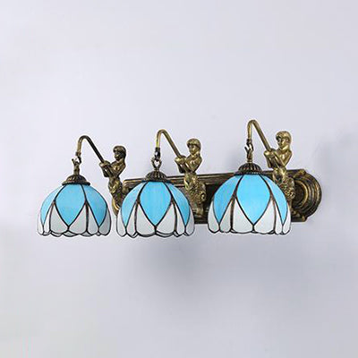 Mediterranean Dome Wall Light Fixture 3 Heads Blue Glass Sconce Lighting with Mermaid Backplate Clearhalo 'Industrial' 'Middle century wall lights' 'Tiffany wall lights' 'Tiffany' 'Wall Lamps & Sconces' 'Wall Lights' Lighting' 100951