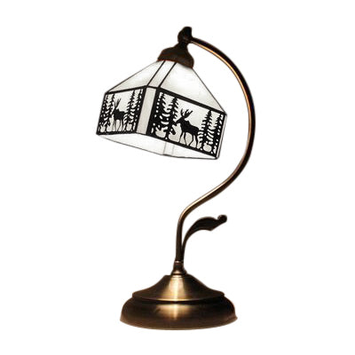 1 Head Geometric Table Lamp with Curved Arm Stained Glass Lodge Standing Light in Black and White Clearhalo 'Lamps' 'Table Lamps' Lighting' 101058