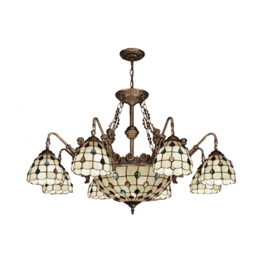Beige Domed Chandelier Lamp Tiffany 15 Lights Stained Glass Hanging Light Clearhalo 'Ceiling Lights' 'Chandeliers' 'Industrial' 'Middle Century Chandeliers' 'Tiffany Chandeliers' 'Tiffany close to ceiling' 'Tiffany' Lighting' 101172