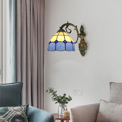 Dome Shade Wall Mount Fixture Tiffany Stained Glass 1 Light Wall Fixture Light for Stairway Blue-White Clearhalo 'Industrial' 'Middle century wall lights' 'Tiffany wall lights' 'Tiffany' 'Wall Lamps & Sconces' 'Wall Lights' Lighting' 101199