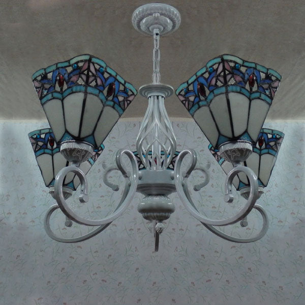 Pyramid Chandelier Lights Tiffany Stained Glass 5 Lights Hanging Ceiling Fixture in Blue and White Clearhalo 'Ceiling Lights' 'Chandeliers' 'Industrial' 'Middle Century Chandeliers' 'Tiffany Chandeliers' 'Tiffany close to ceiling' 'Tiffany' Lighting' 101251