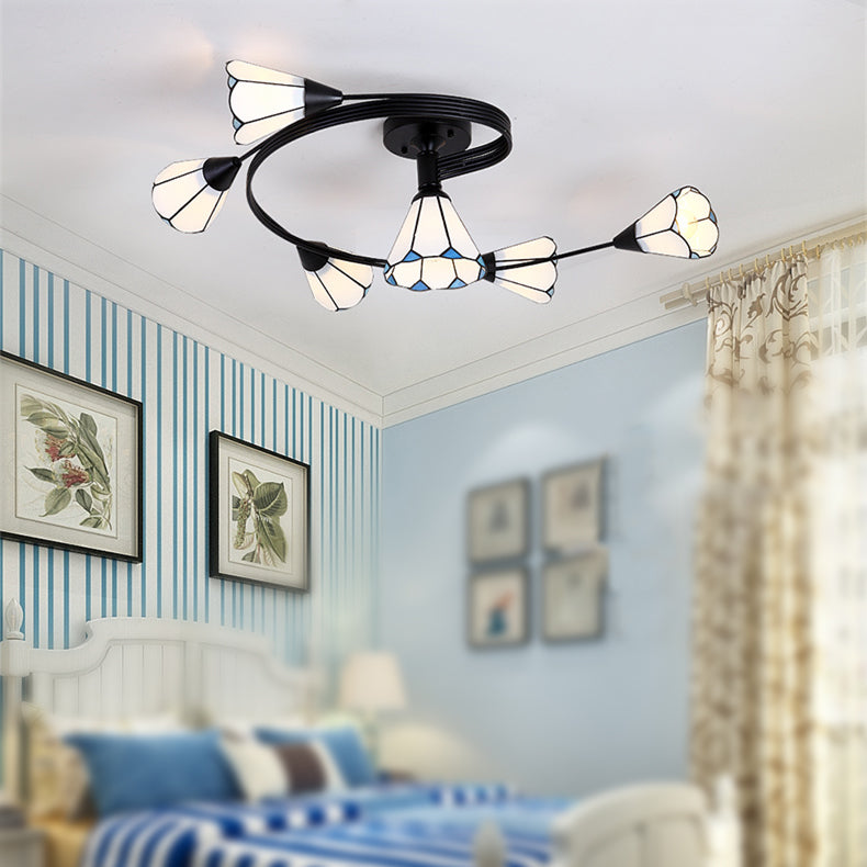 Bedroom Swirl Arm Semi Flush Ceiling Light Glass 6 Lights Tiffany White Ceiling Lamp White Clearhalo 'Ceiling Lights' 'Close To Ceiling Lights' 'Close to ceiling' 'Glass shade' 'Glass' 'Semi-flushmount' 'Tiffany close to ceiling' 'Tiffany' Lighting' 101892