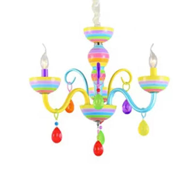 Glass Candle Pendant Light with Crystal Pretty Multi-Colored Chandelier for Kindergarten 3 Blue-Purple-Yellow Clearhalo 'Ceiling Lights' 'Chandeliers' Lighting' options 101941_543603f0-0d75-4171-99a8-2a6f5f59780a