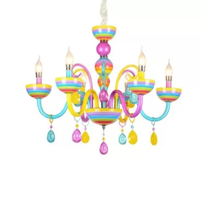 Glass Candle Pendant Light with Crystal Pretty Multi-Colored Chandelier for Kindergarten 5 Blue-Purple-Yellow Clearhalo 'Ceiling Lights' 'Chandeliers' Lighting' options 101943_a8322d79-fc8b-4537-a0fb-8f1b3212175c