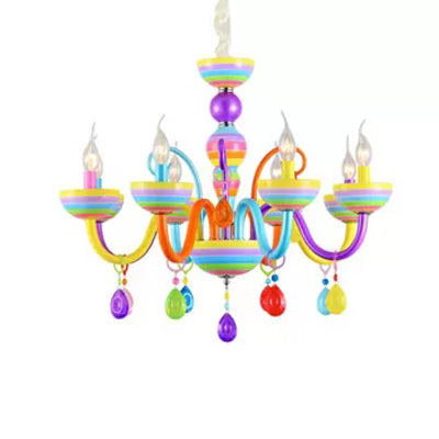 Glass Candle Pendant Light with Crystal Pretty Multi-Colored Chandelier for Kindergarten 6 Blue-Purple-Yellow Clearhalo 'Ceiling Lights' 'Chandeliers' Lighting' options 101944_6ac6307b-9fec-4904-91a7-365c51e98ab3