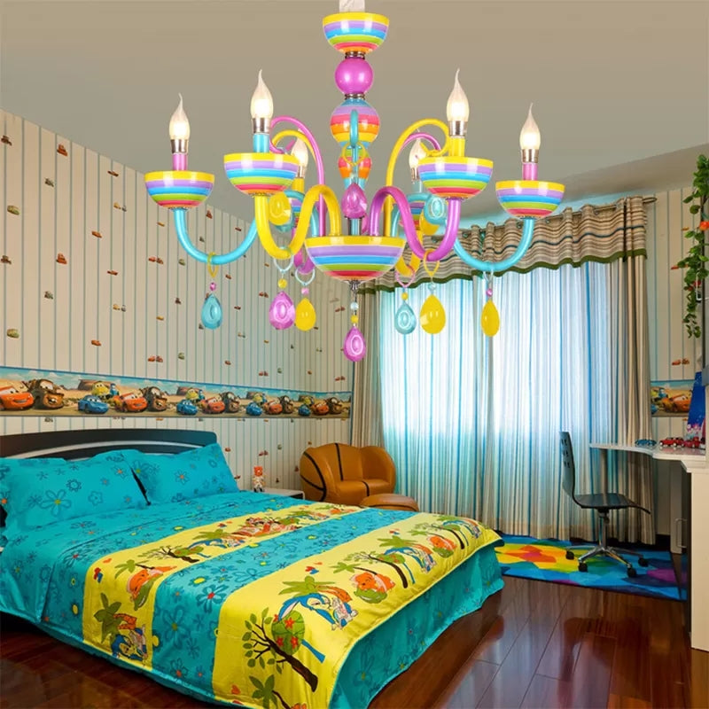 Glass Candle Pendant Light with Crystal Pretty Multi-Colored Chandelier for Kindergarten Clearhalo 'Ceiling Lights' 'Chandeliers' Lighting' options 101945
