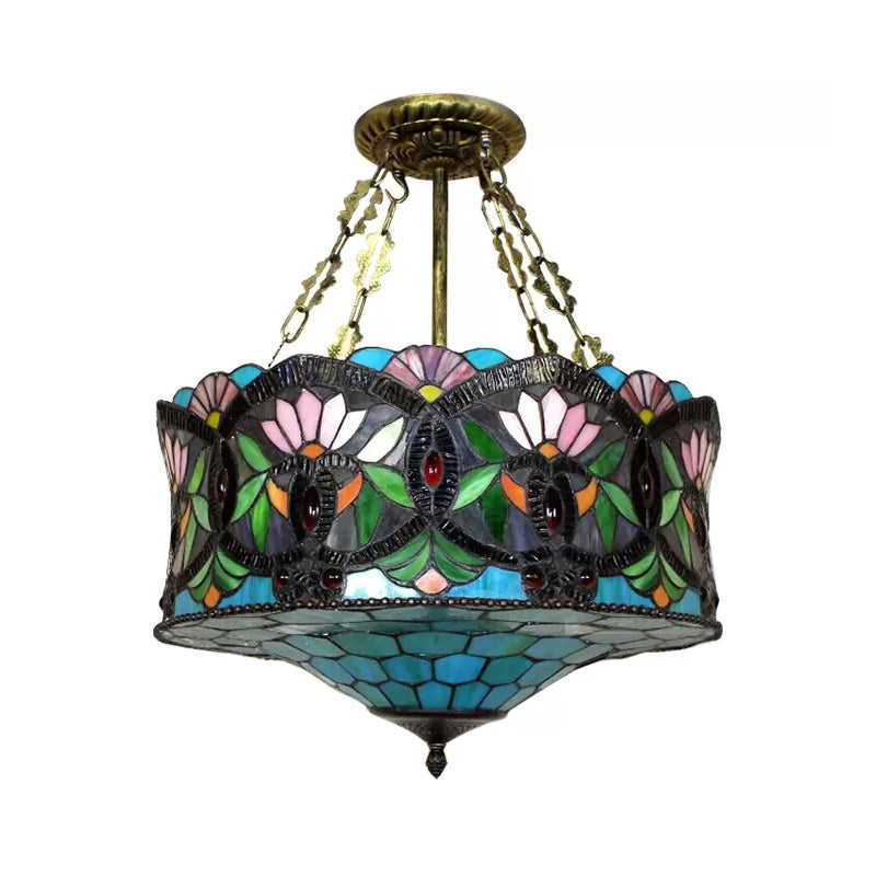 Living Room Ceiling Light LED, Stained Glass Drum Lighting Baroque Style, 18" W Clearhalo 'Ceiling Lights' 'Close To Ceiling Lights' 'Close to ceiling' 'Glass shade' 'Glass' 'Tiffany close to ceiling' 'Tiffany' Lighting' 10198