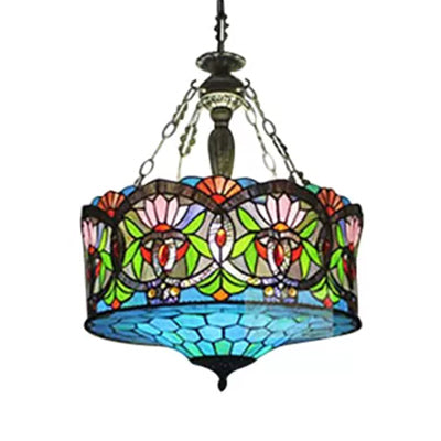 Living Room Ceiling Light LED, Stained Glass Drum Lighting Baroque Style, 18" W Aqua Downrods Clearhalo 'Ceiling Lights' 'Close To Ceiling Lights' 'Close to ceiling' 'Glass shade' 'Glass' 'Tiffany close to ceiling' 'Tiffany' Lighting' 10199